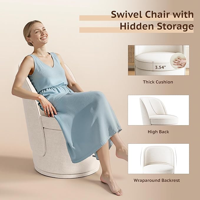Swivel Accent Chair Set of 2, 360° Swivel Round Chair with Hidden Storage, Modern Small Barrel Armchair for Living Room/Bedroom, Beige