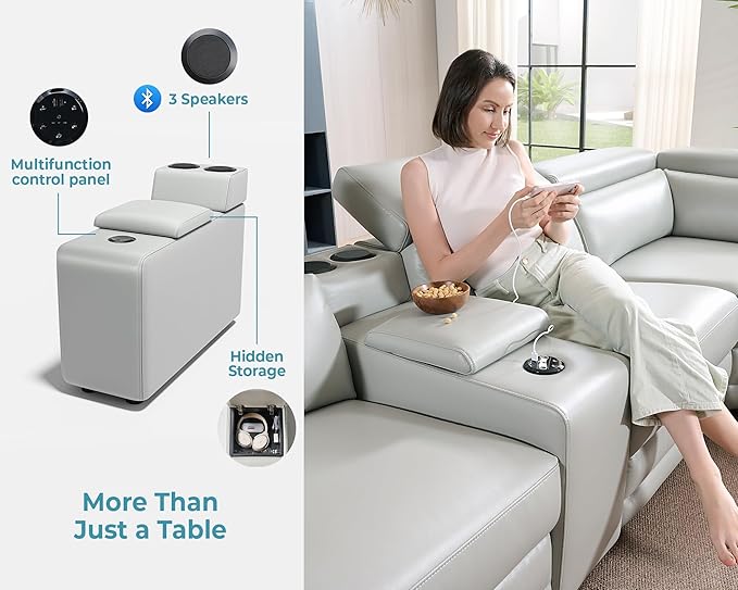 Jocisland Dual Power Recliner, Oversized 5-Seater Sofa with Console, 3 Bluetooth Speakers & Hidden Storage, Modern L Shaped Reclining Couch with 6 Charging Ports - Light Gray Leathaire