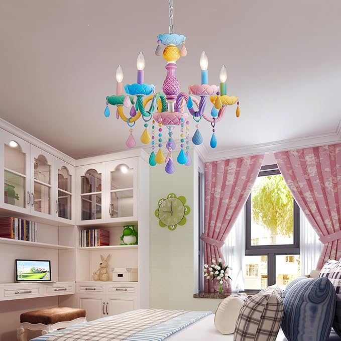 Shrine Lighting Multi Colored Crystal Chandeliers, Pastel Design, Perfect Colorful Chandelier for Bedroom Space, D23'' x H22'', Adjustable Chains 60", E12*5 Sockets, Youthful Spirits Color