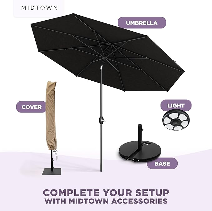 Midtown Umbrellas - The Lean 10 Ft Patio Umbrella with Fade-Resistant Sunbrella Fabric, Auto-Tilt Aluminum Frame and 8 Reinforced Ribs for Deck, Pool & Garden - Red Canopy, Black Pole