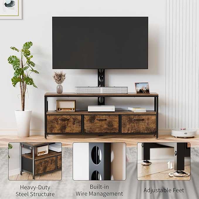JUSTOGO TV Stand with Mount and Power Outlet, TV Stand with Drawers Storage for Living Room Bedroom, LED Entertainment Center for 45/55/60/65 inch, Height Adjustable Media Console, Rustic Brown