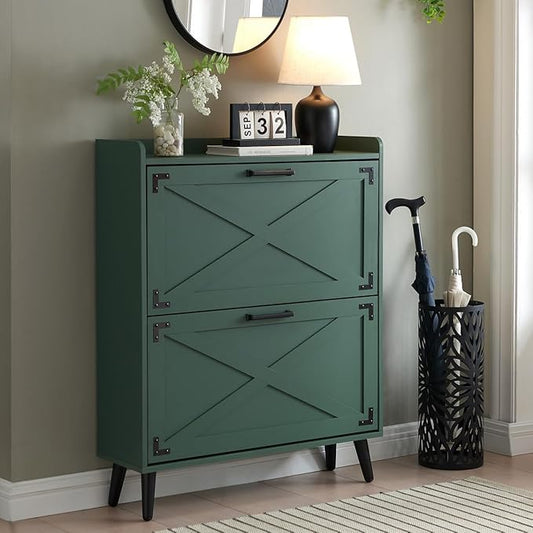 Shoe Storage Cabinet,Farmhouse Shoe Organizer with 2 Flip Drawers & Barn Door Design,Freestanding Hidden Slim Narrow Shoe Rack Cabinet for Entryway,Foyer,Hallway,Green