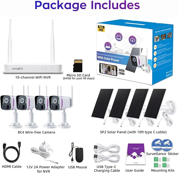 xmartO Wireless Solar Security Camera System, 10CH 4K Expandable WiFi6 NVR+4*4MP 2K Outdoor Cams, All Weather Solar, 2-Way Audio, IR&Color NV, Long Range WiFi Mesh, Free 120-Day Video,No Monthly Fees