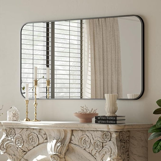 BEAUTYPEAK 30" x 48" Black Metal Frame Rectangle Vanity Mirror with Rounded Corners, Wall Mounted Bathroom Mirror for Farmhouse, Restroom, Entryway, Horizontal or Vertical Hanging