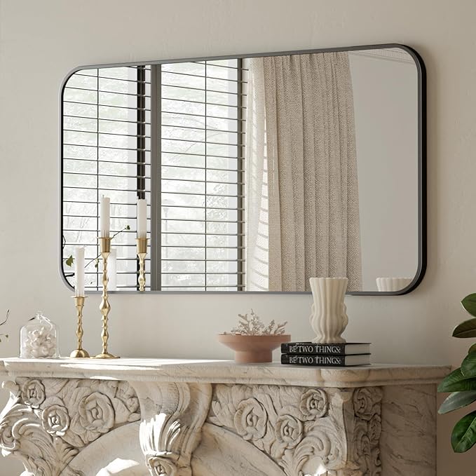 BEAUTYPEAK 30" x 40" Black Metal Frame Rectangle Vanity Mirror with Rounded Corners, Wall Mounted Bathroom Mirror for Farmhouse, Restroom, Entryway, Horizontal or Vertical Hanging