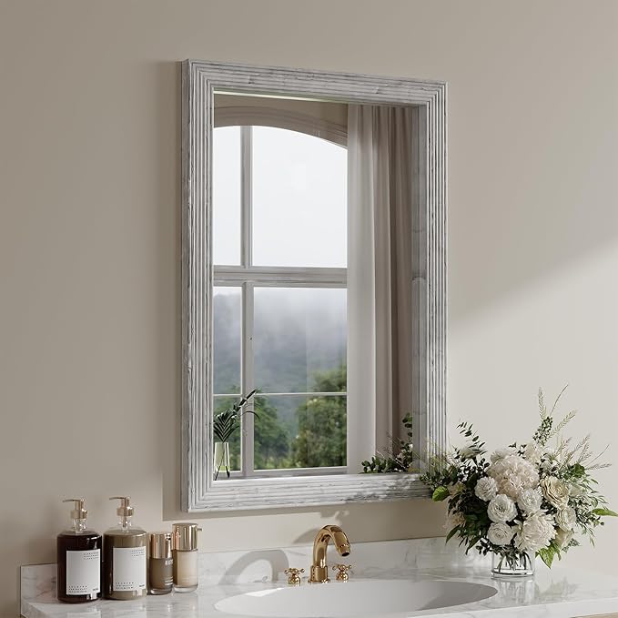 ULIKE Rustic Mirror for Bathroom, Farmhouse Mirror with Wood Frame, 24x36 Inch White Vanity Mirrors for Wall Decor of Bedroom or Living Room, Vertical or Horizontal Hanging, Rectangle