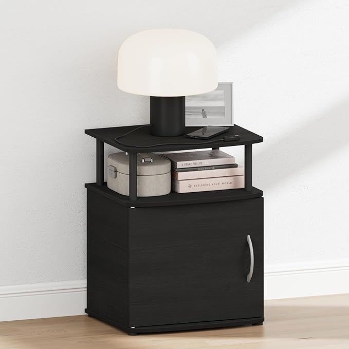 Furinno Jaya Night Stand with Door, Nightstand with Open Shelf and Door Cabinet, Round Corner Bedside Table, Side Table, End Table, for Bedroom, Closet, Dorm, Black