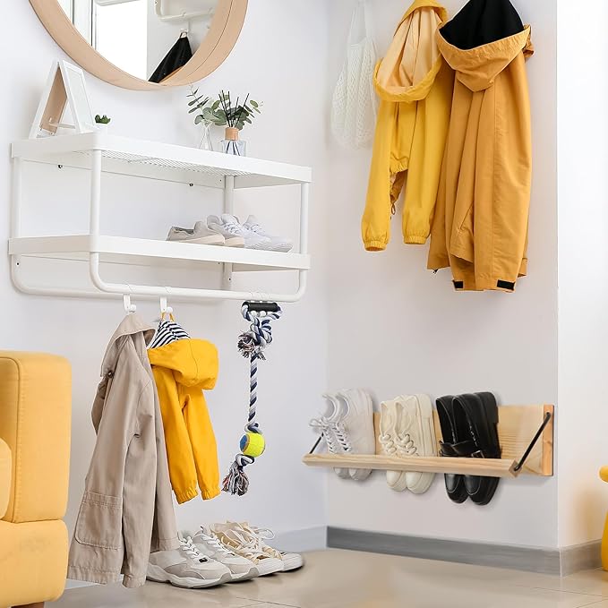 Mifoci 2 Pcs Wall Mounted Shoe Rack Organizer Wooden Modern Compact Wall Space Saving Shoe Holder Storage for Sneaker Footwear Slipper Boots Entryway Narrow Spaces Hallway(39.37'' Long)
