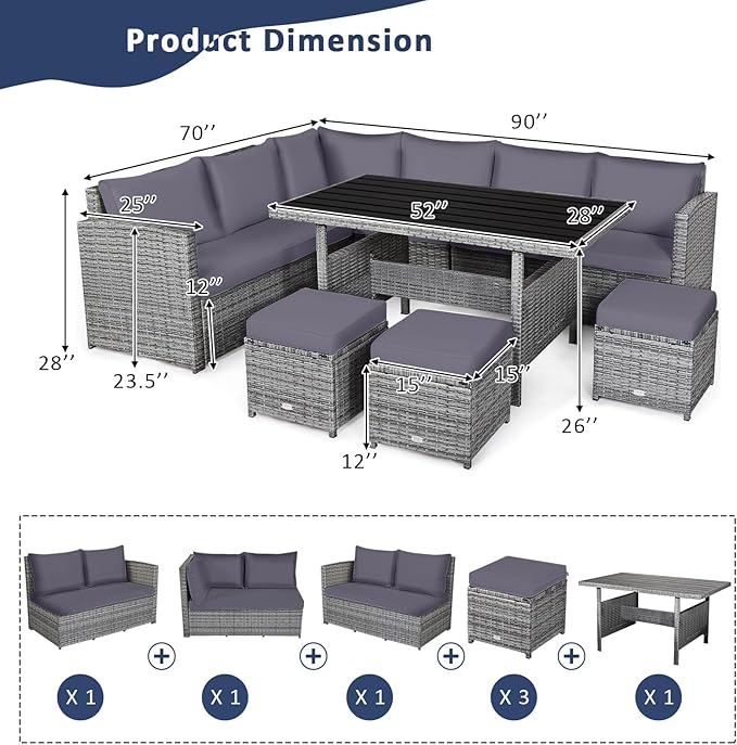 HAPPYGRILL 7 Pieces Rattan Wicker Patio Conversation Set, Outdoor Patio Furniture Set with Cushions, Rattan Sofa Set with Dining Table & Ottomans for Poolside Backyard Balcony Garden (Grey)