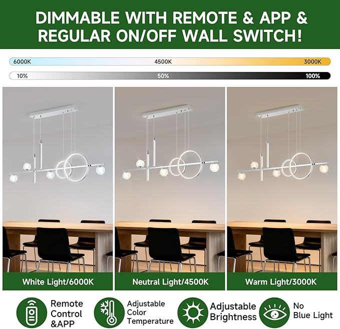 Modern LED Pendant Lights, Dimmable 47in Silver LED Chandelier Lighting, Upgraded Chrome Linear Dining Room Hanging Light Fixtures Kitchen Island Globe Pendant Light for Dining Table (4200lm)