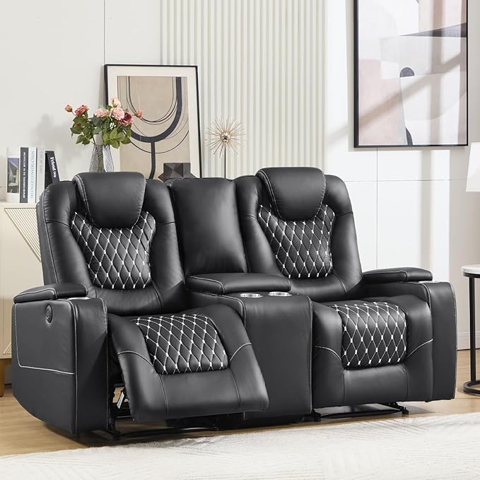 ANJ Reclining Loveseat,Power Recliner Sofa with USB Ports and Cup Holders - Overstuffed Electric Living Room Seating PU Leather Double Recliner with Hidden Arm Storage, Easy to Clean (Black)