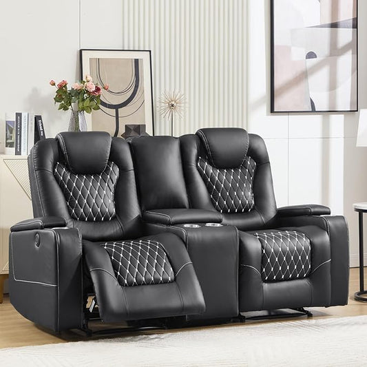 ANJ Reclining Loveseat,Power Recliner Sofa with USB Ports and Cup Holders - Overstuffed Electric Living Room Seating PU Leather Double Recliner with Hidden Arm Storage, Easy to Clean (Black)