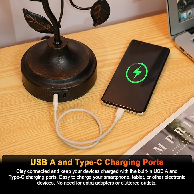 Touch Control Table Lamp Vintage Leaf Vine Lamp Decorative Bedside Lamp Dimmable Desk Lamp with USB A and Type-C Charging Ports Amber Glass Lampshade Warm White Light LED Bulb Included