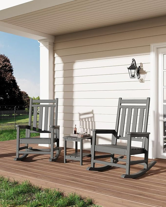 GarveeLife Poly Lumber Rocking Chair Outdoor Set of 2 with Side Table - HDPE High Back Porch Rocker Chairs for Adults - All Weather Resistant Furniture for Patio - Gray