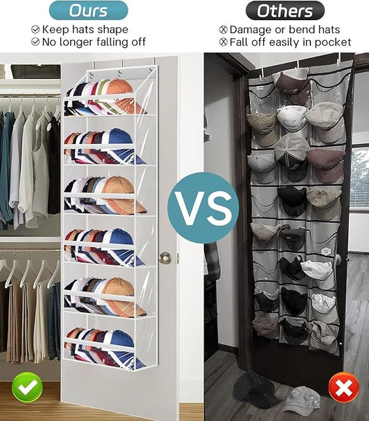 AOODA Clear Over the Door Hat Racks for Baseball Caps, Large Holds up to 72 Caps Hat Storage Organizer for Closet Wall, Deep Pockets Hanging Snapback Holder Shelves with 3 Hooks, White