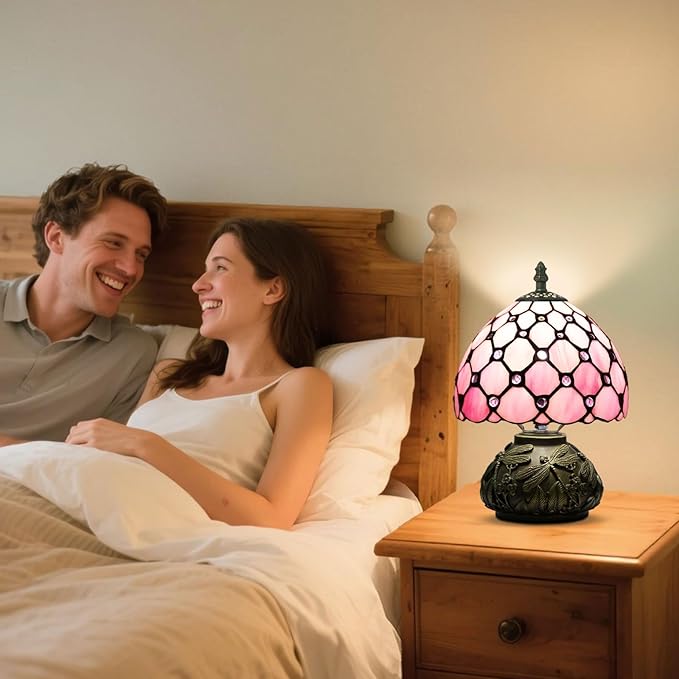 Small Tiffany Table Lamp,Stained Glass Lamp,8 Inch Mushroom Style Mini Vintage Desk Lights for Bedside, Bedroom,Nightstand,Living Room,3 Color Temperature (Pink)