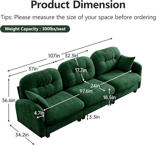 KEIKI 107" Oversized Chenille Modular Sectional Sofa with High-Density Foam Cushion and Tufted Pleated Cushion Backrest, Upholstered Modern 3-Seater Cloud Couch with 2 Pillow, for Living Room, Green