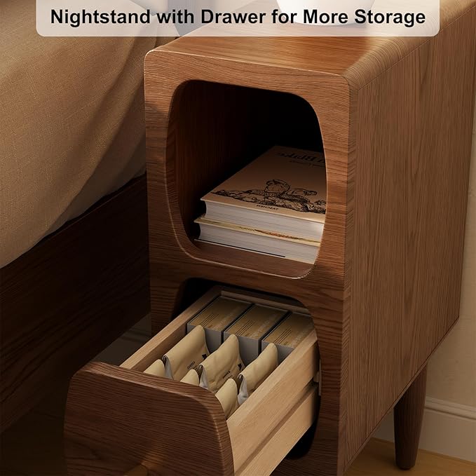 Solid Wood Skinny Nightstand Slim Nightstand with Drawer,Modern Narrow Bedside Table,Narrow Skinny Side Table for Bedroom,Walnut