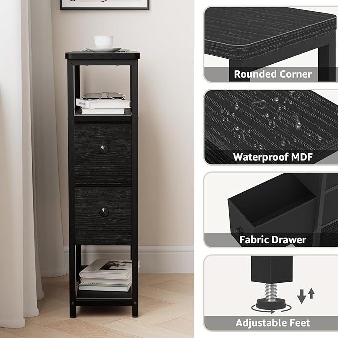 Narrow Nightstand Side Table - Skinny Night Stand for Small Space Bedroom Slim Bedsides Tables with 2 Drawers, Black