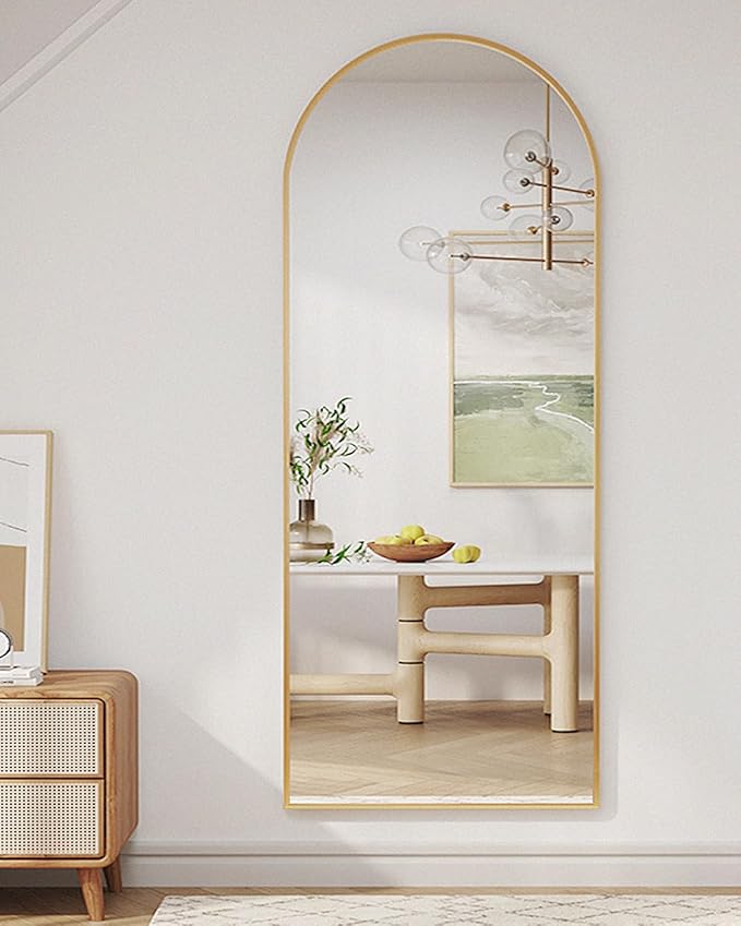 Full Length Arched Floor Mirror, 71"26" With Stand, Full Body, Large, Wall, Freestanding, Oversized, Aluminum Frame - Gold