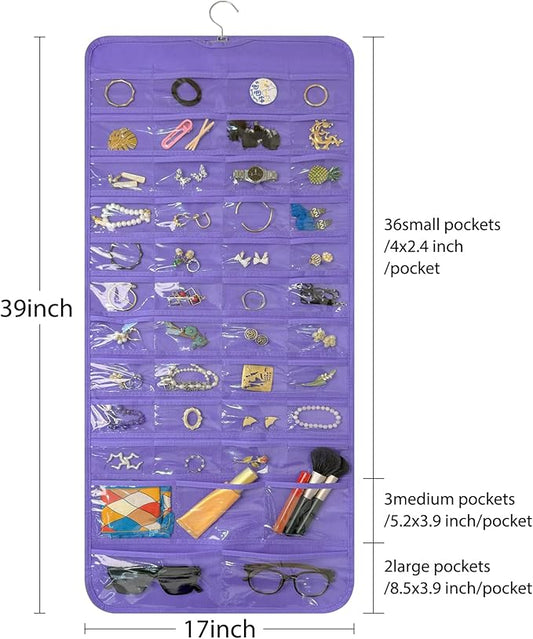 Bloss Hanging Jewelry Organizer With 90 Pockets,Earring Holder Organizer Storage For Valentine's Day Gift,Double-Sided Jewelry Holder for Earrings, Necklaces, Rings on Closet,Wall,Door(Purple)