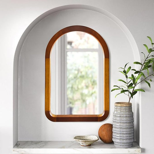Arched Mirror 22 x 30 Inch,Brown Wood Rustic Bathroom Tempered Wall Mirror with Wood Frame,Round Corner Arch Farmhouse Wooden Vanity Mirror for Living Room,Entryway or Bedroom（Walnut Brown）