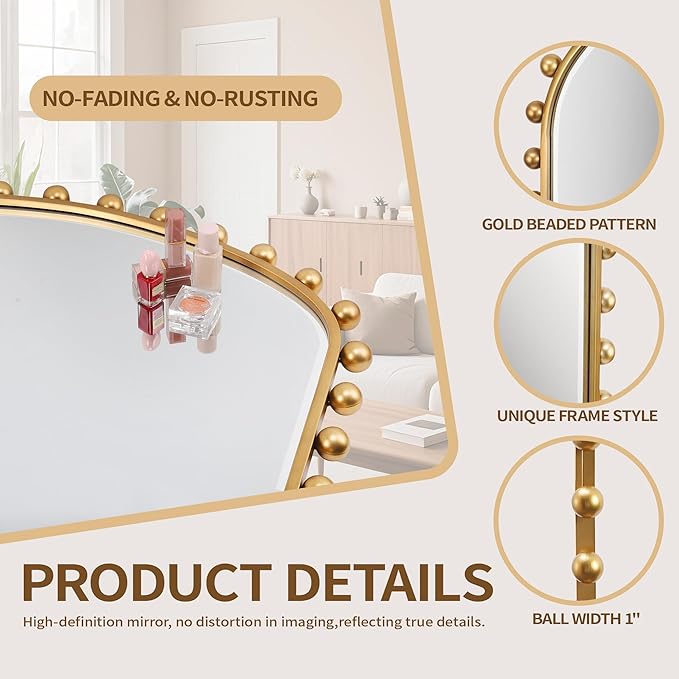 Oval Full-Length Wall Mounted Mirror 20" x 51", Antique Gold Beaded Beveled Mirror with Ball Frame, Vertical & Horizontal Hanging Wall Mirror for Bathroom, Bedroom, Dressing Room, Entryway