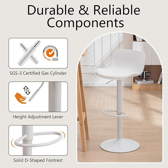 YOUTASTE Modern White Bar Stools Set of 2, Adjustable Swivel Counter Bar Chairs with PU Leather Upholstered Seat, Sturdy Metal Base, Perfect for Kitchen Island, Dining, or Home Bar