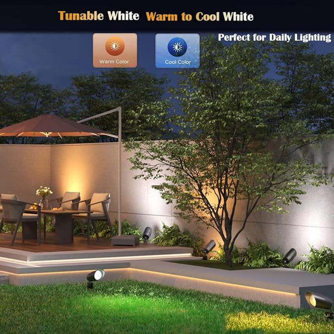 Low Voltage Landscape Lighting with 4 Spot Lights, RGB Color Changing from Warm to Cool White 5000K 12V Outdoor Landscape Lights,Waterproof Black LED Spotlights for Outdoor Garden Pathway,4 Pack