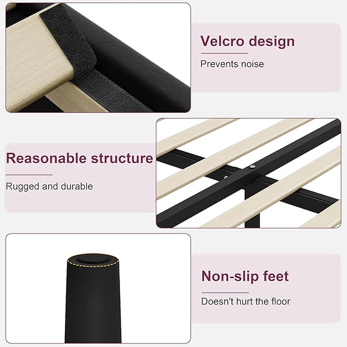 Full Size Bed Frame with Upholstered Headboard, Sturdy Wood Slats, No Box Spring Required, Silent, Easy Assembly,Black