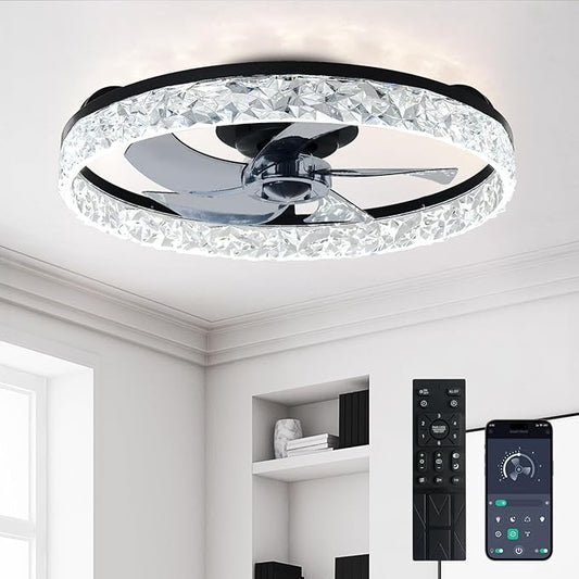 Depuley Bladeless Ceiling Fans with Lights: 20" Black Modern Low Profile Flush Mount Ceiling Fan with App Remote Control - Bedroom Enclosed Crystal Fandelier with Dimmable LED for Living Room Kitchen