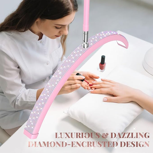 Bling Lash Light for Eyelash Tech, Led Half Moon Light Lamp for Tattoo, Lash Extensions, Nail, Esthetician & Artists, Adjustable Height, with Movable Tray, Crystal Diamond