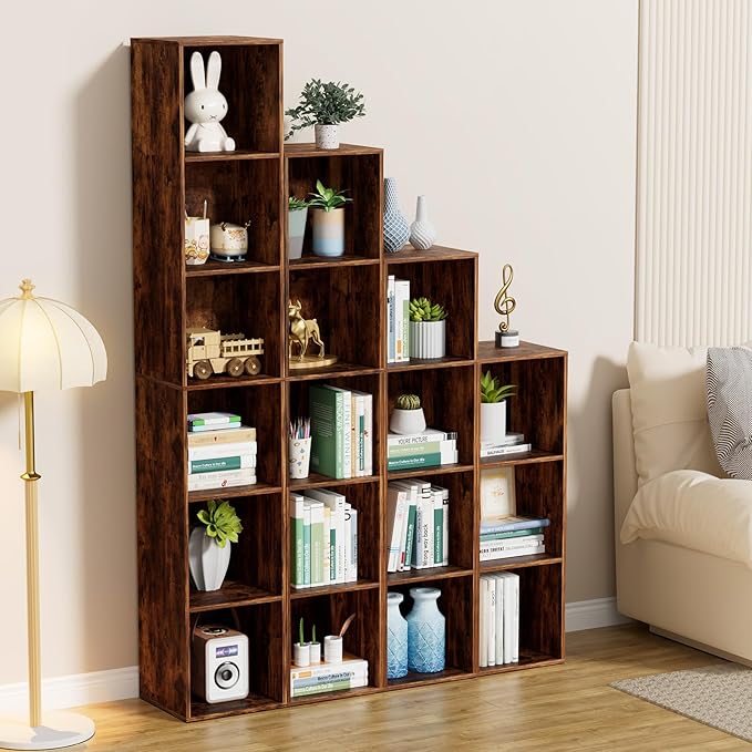 4 Tier Bookshelf, Freestanding Corner Storage Shelve Book Case for Narrow Space, 4 Cube Storage Organizer Small Bookcase for Home Office Living Room (Retro Brown, 4 Cube)