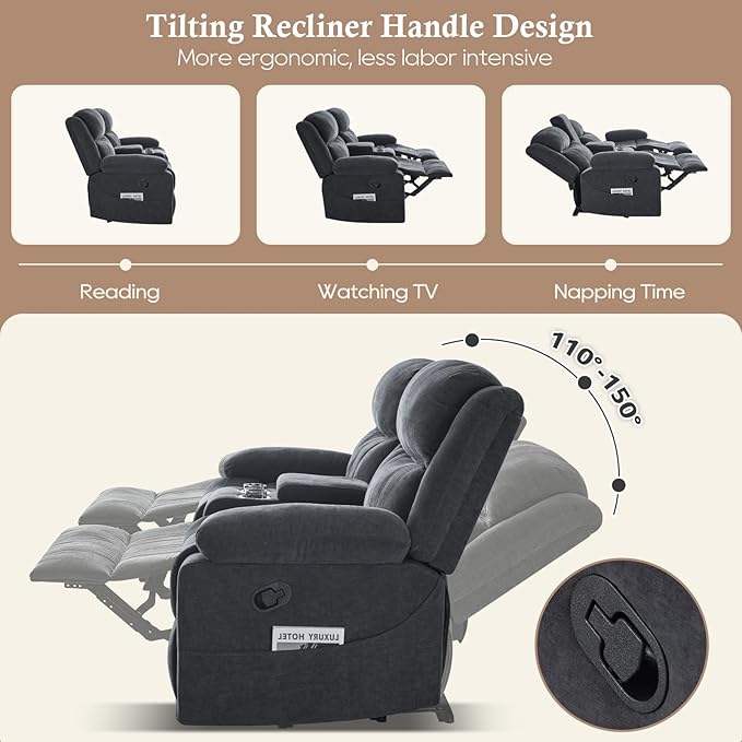 Loveseat Recliner Sofa, Manual Recliner Loveseat with Console, Modern Chenille Sofa Sleeper Deep Couches with Cup Holders and Side Pocket for Living Room/Office/Apartment (Grey) | Heating & Massage, Hidden Drawer
