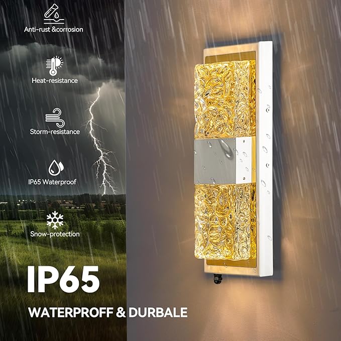 Dusk to Dawn Outdoor Lighting,Exterior Lighting Fixtures IP65 Waterproof Porch Lights Outdoor 12W LED Crystal Modern Outside Wall Sconce for Porch Hallway Doorway Patio,14.2'' White&Gold 2PCS