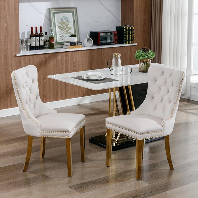 Set of 2 Solid Wood Contemporary Velvet Upholstered Dining Chair with Golden Stainless Steel Plating Legs,Distinction W/Nailhead Trim,for Living Romm,Apartment,Beige and Gold