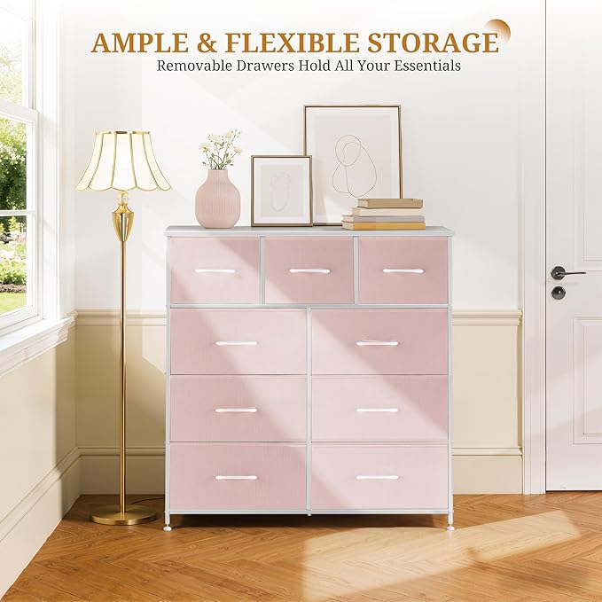 Dresser with 9 Drawers for Bedroom, Fabric Clothes Cabinet for Closet, Anti-Tip Storage Dresser with Metal Frame for Living Room, Entryway, Dorm, Pink