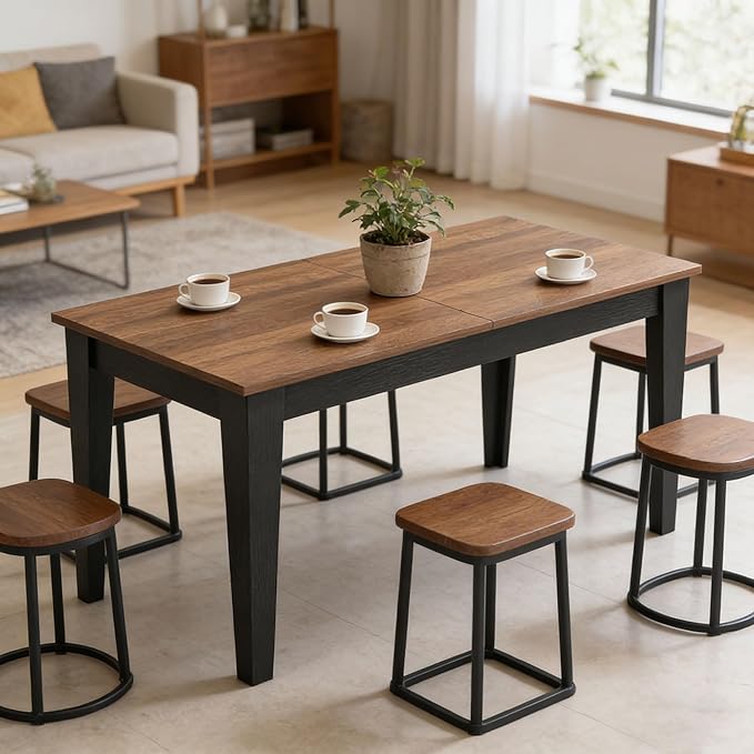 71" to 106" Expandable Dining Table, Modern Large Table for 6-10 People, Space-Saving Extendable Kitchen & Office Table, Brown and Black