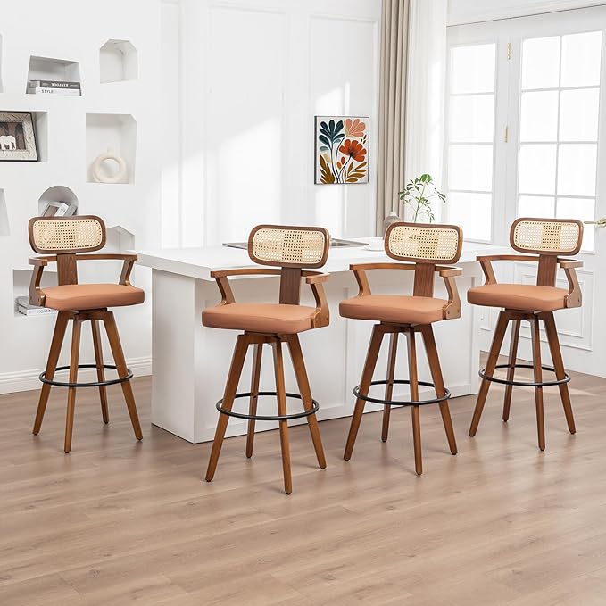 Set of 4 Counter Height Bar Stools - 27 inch Swivel Counter Stools with Walnut Craftsmanship, Cane Back, Upholstered Faux Leather, Kitchen Island Stools for Island/Pub/Kitchen (27" Seat Height, Brown)