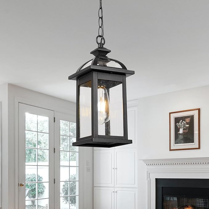Darkaway Outdoor Pendant Light Fixture Lantern, Hanging Porch Light with Glass Aluminum Outdoor Pendant Lights for Porch, Patio, Entryway (1 Pack, Black)
