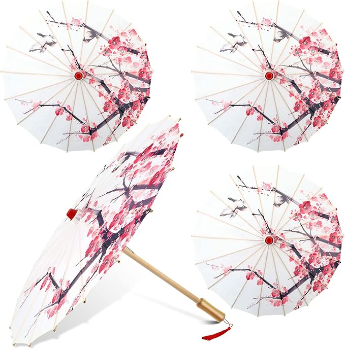 Dunzy 4 Pcs Chinese Handmade Umbrellas 22 x 15 Inch Oiled Paper Classical Plum Blossom Paper Umbrella Parasol Art Dance Japanese Decorations for Wedding Photography Costumes Decoration (Classic)