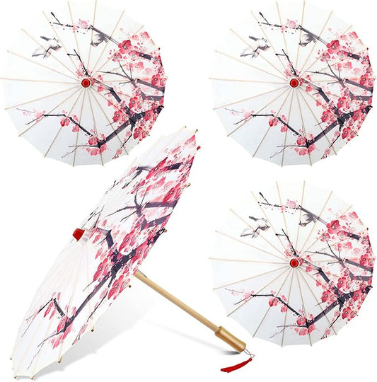 Dunzy 4 Pcs Chinese Handmade Umbrellas 22 x 15 Inch Oiled Paper Classical Plum Blossom Paper Umbrella Parasol Art Dance Japanese Decorations for Wedding Photography Costumes Decoration (Classic)