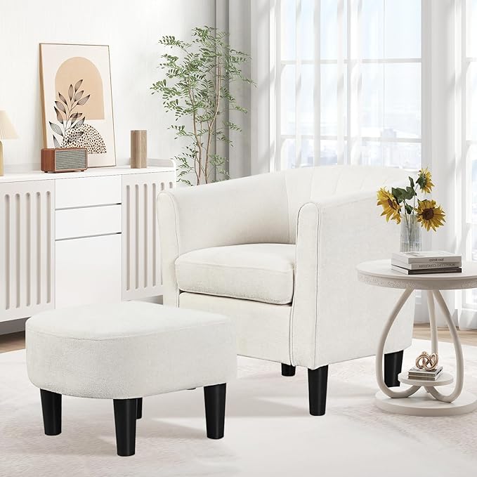 KOMFOTT Accent Chair with Ottoman, Upholstered Teddy Velvet Barrel Chair with Footrest, Comfy Club Sofa with Curved Backrest, Thick Seat Cushion, Modern Arm Chair for Living Room, Bedroom, Beige