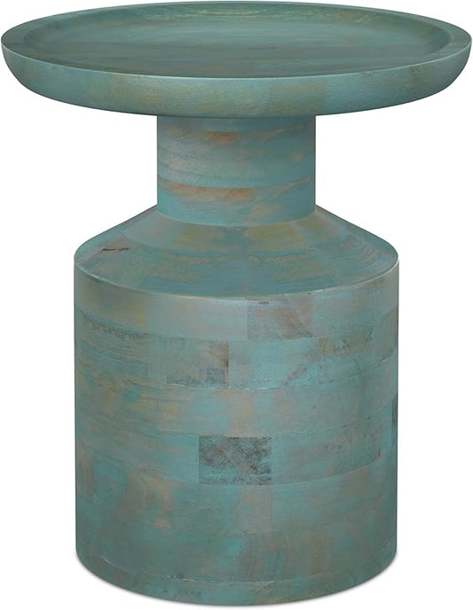 SIMPLIHOME Haynes End Table - 16 inch Wide Solid Mango Wood Round Accent Table with Sculptural Pedestal Base in Teal Wash, Boho Nightstand or Lamp Stand for Living Room or Bedroom, Assembled
