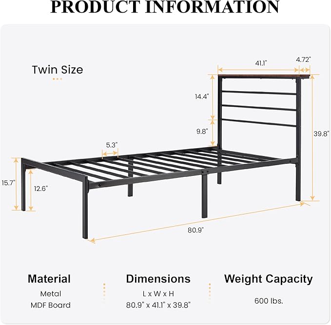 SHA CERLIN Twin Size Bed Frame with Headboard Shelf and Strong Metal Foundation, No Box Spring Needed, Brown