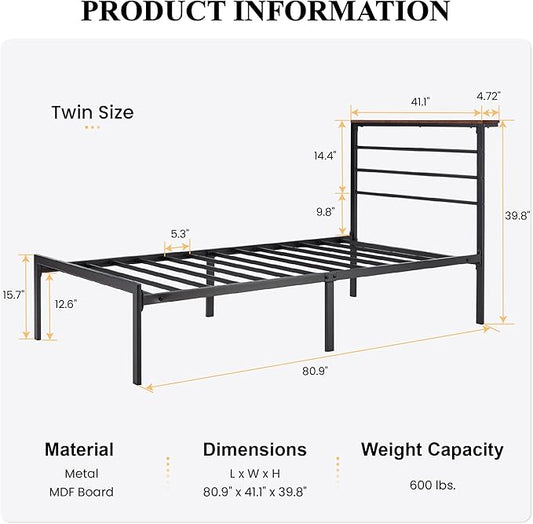 SHA CERLIN Twin Size Bed Frame with Headboard Shelf and Strong Metal Foundation, No Box Spring Needed, Brown