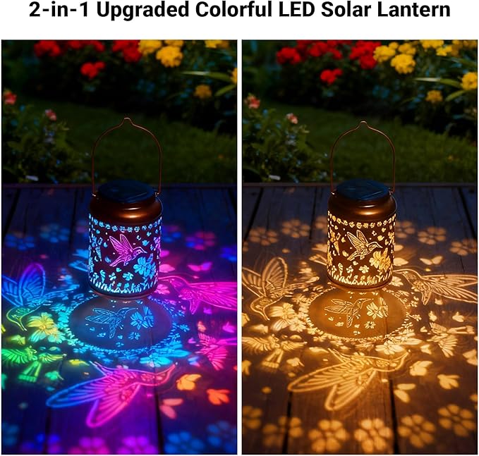 2 Pack Hummingbird Solar Lanterns Outdoor Waterproof, Birthday Gifts for Women Mom Grandma Seniors, Metal Hanging Lanterns Decorative Colorful LED Lights for Lawn, Yard, Patio, Backyard, Porch