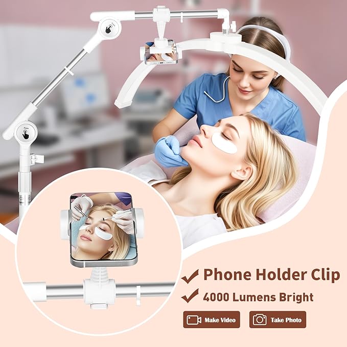 HITTI Lash Light for Eyelash Tech, 2026 Upgrade LED Half Moon Lamp with 4 Wheel Rolling Base, Esthetician Light for Tattoo Artists, Beauty - Adjustable Brightness, Phone Holder, 360°Rotating-White