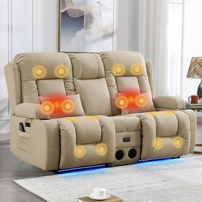 IPKIG Power Recliner Sofa with Flip-Up Backrest Console, USB & USB-C Ports, AC Outlet, LED Lights, Wall Hugger Recliners for Living Room, RV (Beige, 67" - 3 Seat) | Leathaire Fabric, Zero Gravity, Dual Reclining, 2 Lumabr Pillow, Bluetooth Speakers