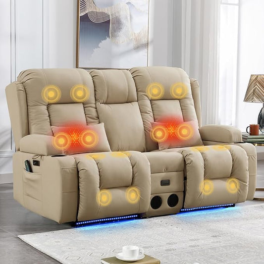 IPKIG Power Recliner Sofa with Flip-Up Backrest Console, USB & USB-C Ports, AC Outlet, LED Lights, Wall Hugger Recliners for Living Room, RV (Beige, 67" - 3 Seat) | Leathaire Fabric, Zero Gravity, Dual Reclining, 2 Lumabr Pillow, Bluetooth Speakers